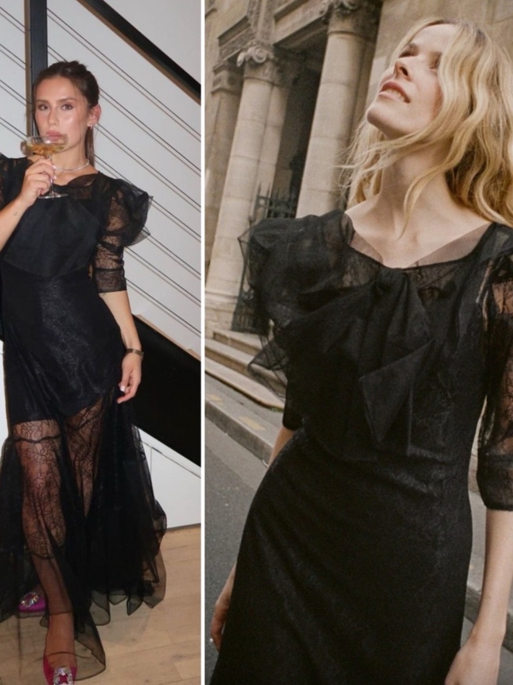 DOEN Black Sheer Ruffle Sleeve Evening Dress